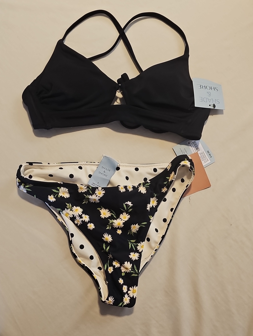 Shade & Shore Bikini Set with Black Top and Reveraible Print Bottoms